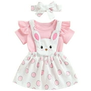 LMTODLFG Baby Girl Clothes Easter Pink Romper Girls Flying Sleeve Triangle Jumpsuit Set Baby Rabbit Suspender Dress Two Piece Set 12 Month Girl Clothes Red 1-2 Years